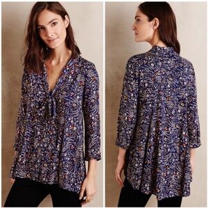 Anthropologie Maeve Navy Tie Neck Floral Blouse Petite